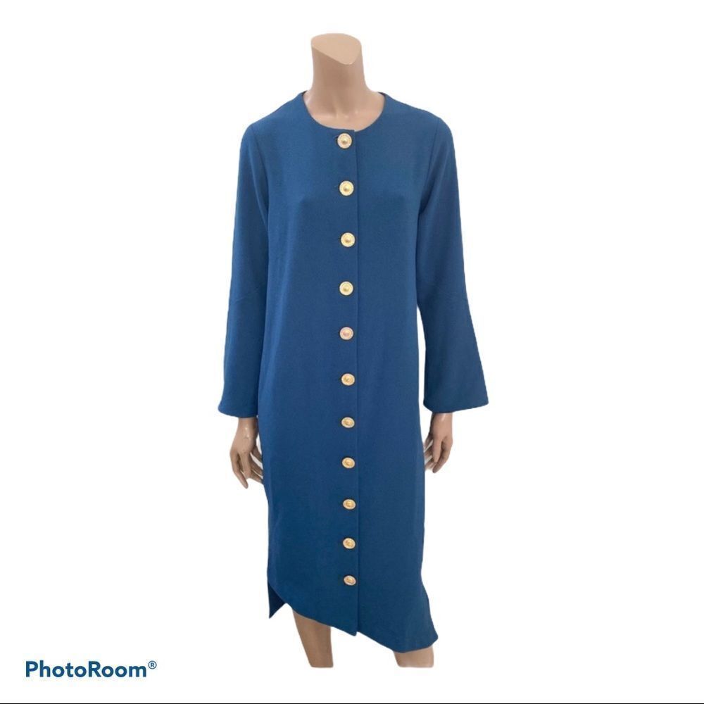 NEW Linear Blue Long Sleeve Gold Buttons Crepe Front Midi Dress S